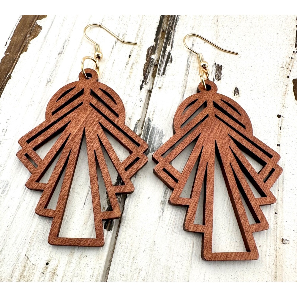 Art Deco Drop Earrings Laser Cut Wood Chestnut Brown Stained NEW
